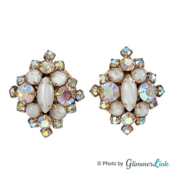 Vintage AB Aurora Borealis & White Stone Cluster Gold Tone Clip On Earrings - Picture 1 of 10